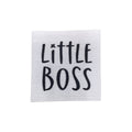 Baumwolllabel mit Aufdruck "little Boss" in schwarz auf weißem Hintergrund